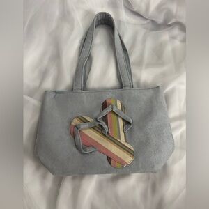 Trendy Longaberger Small Gray-Blue Tote with Striped Flip-Flop Accent